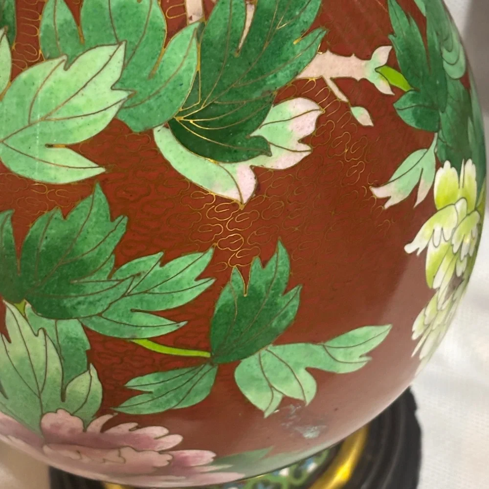 Pair of Vintage Chinese Cloisonné Vases – Red Floral Enamel Brass – 11” Tall w/ - Picture 11 of 15